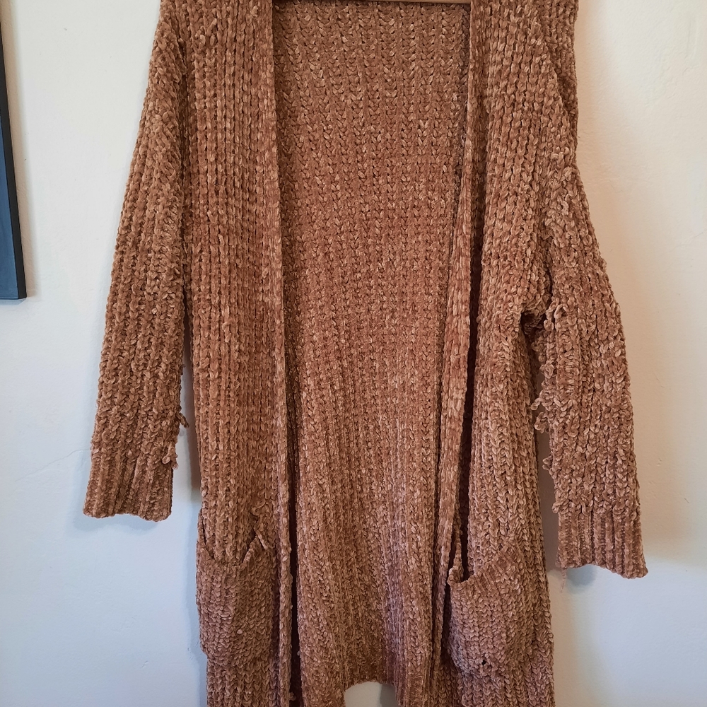 Golden orange velvet knit long cardigan size large.